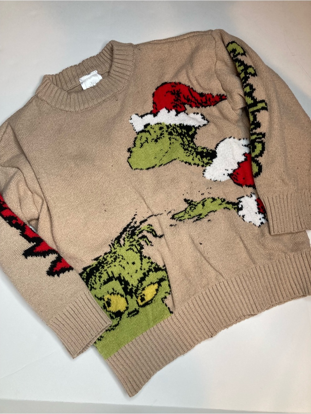 Beige Grinch Holiday Crewneck Sweater size 6 ugly Christmas